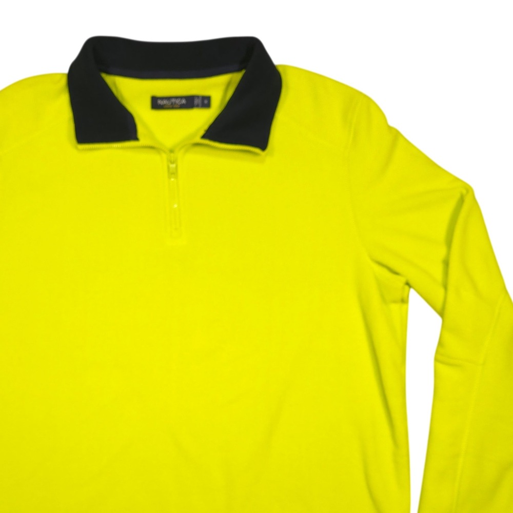Nautica Mens Quarter Zip Fleece Pullover Neon Yellow Navy Blue Collar Size M
